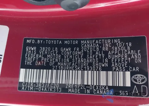 2019 Toyota Corolla Se from USA, damaged, VIN 2T1BURHE5KC193076